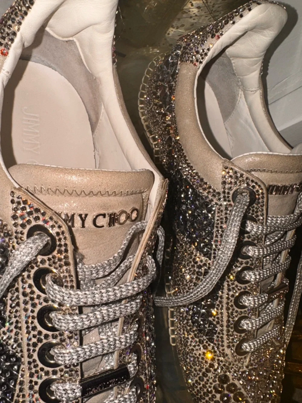 Jimmy Choo Embellished Metallic Crystal Lace-Up Sneakers - Gold